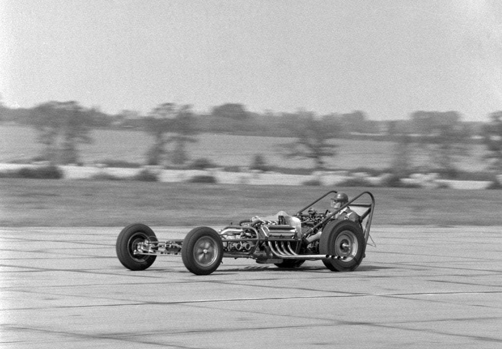 Detail of Allard dragster driven by Sydney Allard during testing at North Weald Airfield in Essex 1961 by Anonymous