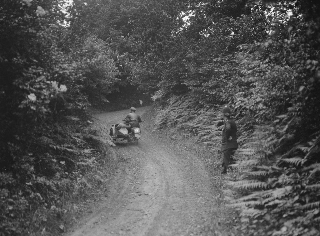 Detail of Motorcycle and sidecar, B&HMC Brighton-Beer Trial, Simms Hill, Ilsington, Devon, 1930 by Bill Brunell