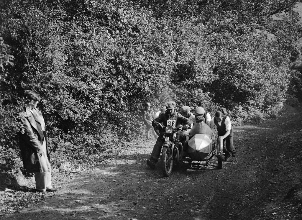 Detail of Motorcycle and sidecar competing in the Brighton and Hove Motor Club Brighton-Beer Trial, 1930 by Bill Brunell