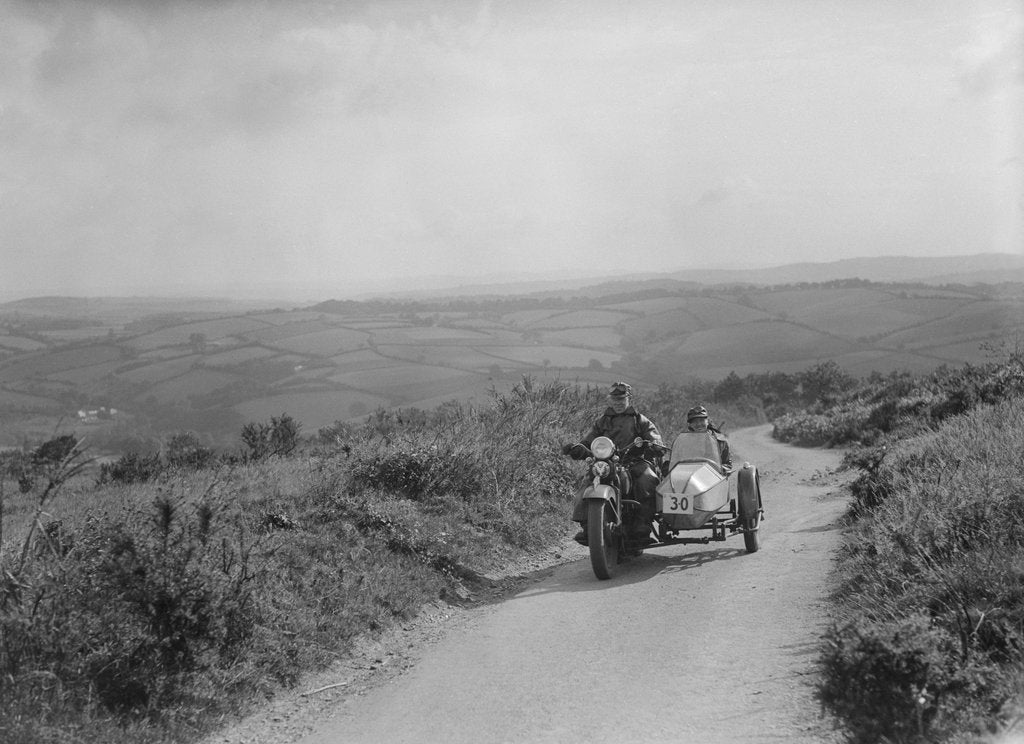 Detail of Harley-Davidson and sidecar of RW Praill competing in the MCC Torquay Rally, 1938 by Bill Brunell
