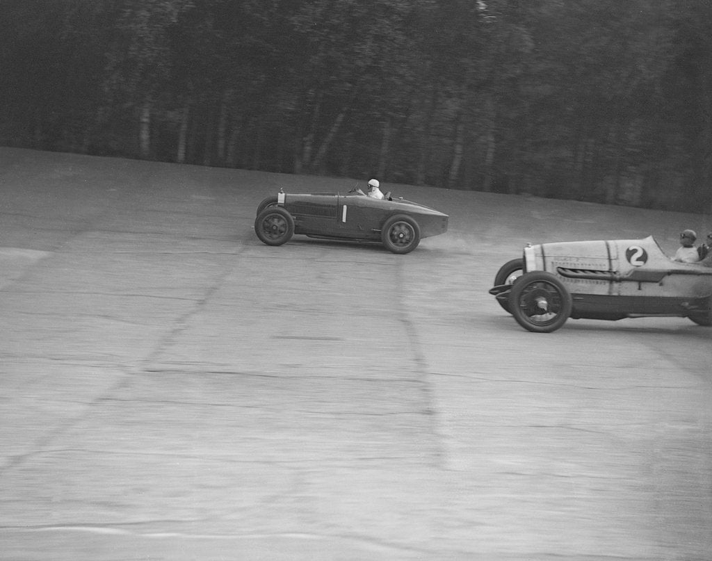 Detail of Bugatti of Kaye Don and Delage of J Taylor, Surbiton Motor Club race meeting, Brooklands, 1928 by Bill Brunell