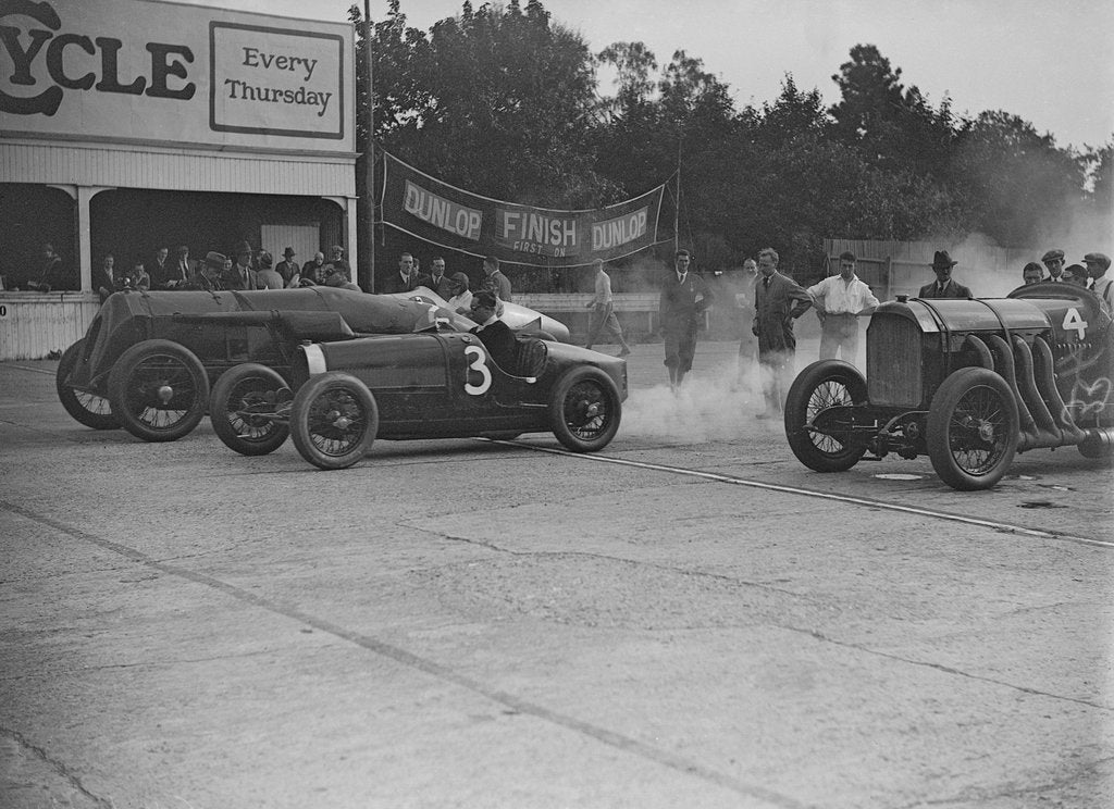 Detail of Fiat, Bugatti and Benz competing at a Surbiton Motor Club race meeting, Brooklands, Surrey, 1928 by Bill Brunell