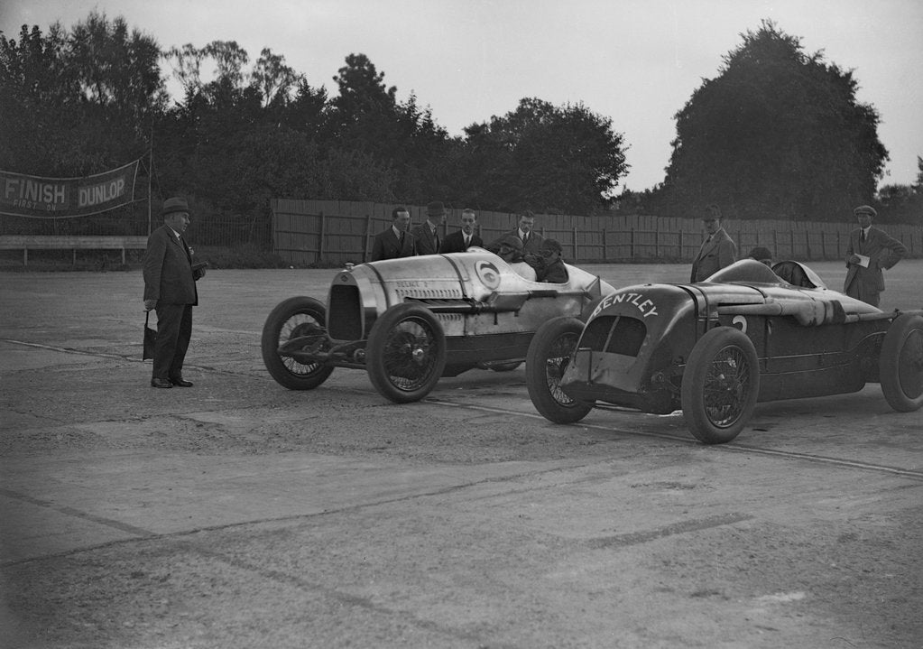 Detail of Delage of J Taylor and Bentley of Dudley Froy, Surbiton Motor Club race meeting, Brooklands, 1928 by Bill Brunell