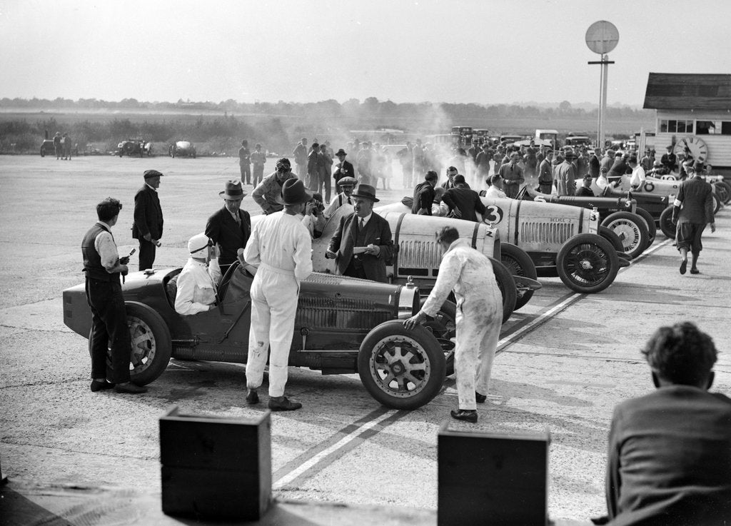 Detail of Cars on the start line, Surbiton Motor Club race meeting, Brooklands, Surrey, 1928 by Bill Brunell
