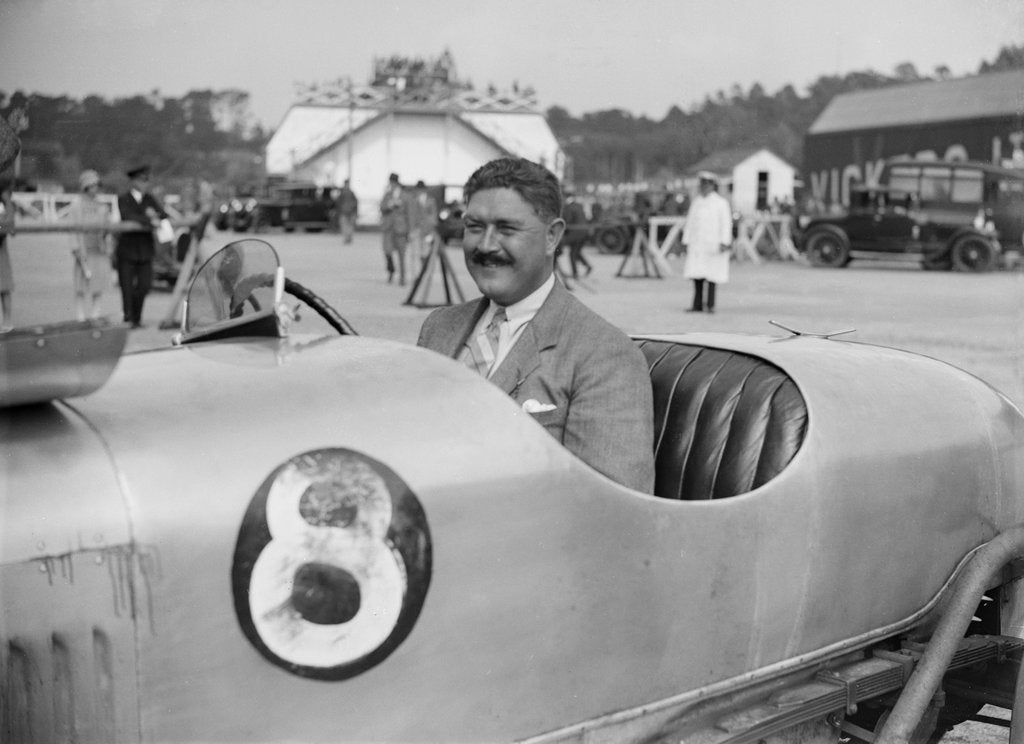 Detail of Tiny Scholefield with his Buick at a Surbiton Motor Club race meeting, Brooklands, Surrey, 1928 by Bill Brunell