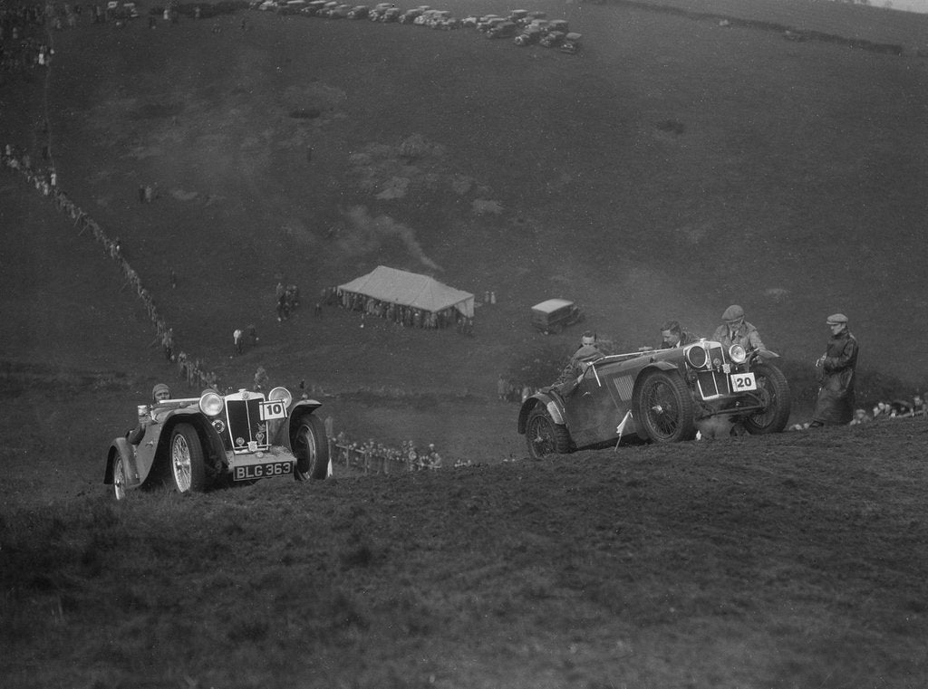 Detail of MG PA and MG J type competing in the MG Car Club Rushmere Hillclimb, Shropshire, 1935 by Bill Brunell