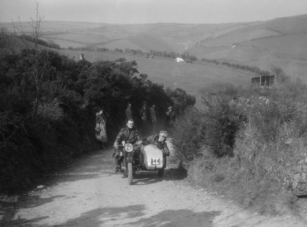 Detail of 990 cc AJS and sidecar of M Laidlaw at the MCC Lands End Trial, Beggars Roost, Devon, 1936 by Bill Brunell
