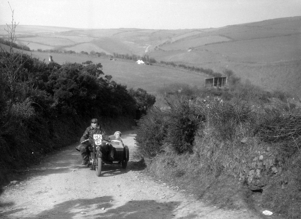 Detail of 990 cc AJS and sidecar of CF Crossby at the MCC Lands End Trial, Beggars Roost, Devon, 1936 by Bill Brunell
