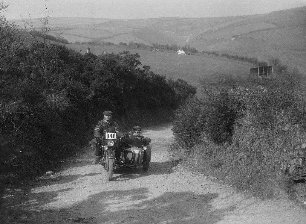 Detail of 499 cc Rudge-Whitworth and sidecar of E Travers, MCC Lands End Trial, Beggars Roost, Devon, 1936 by Bill Brunell