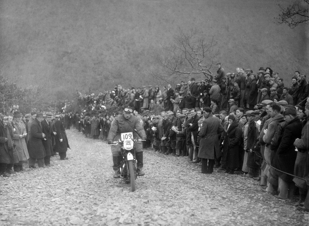 Detail of 347 cc AJS of RW Cassam competing in the MCC Lands End Trial, Beggars Roost, Devon, 1936 by Bill Brunell