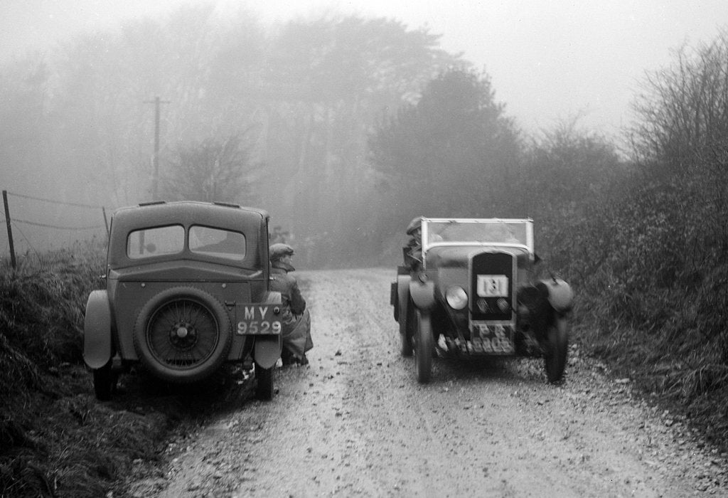 Detail of Triumph of J Cramer-Parry passing an official's Riley, MCC Exeter Trial, Blackhill, Dorset, 1930 by Bill Brunell
