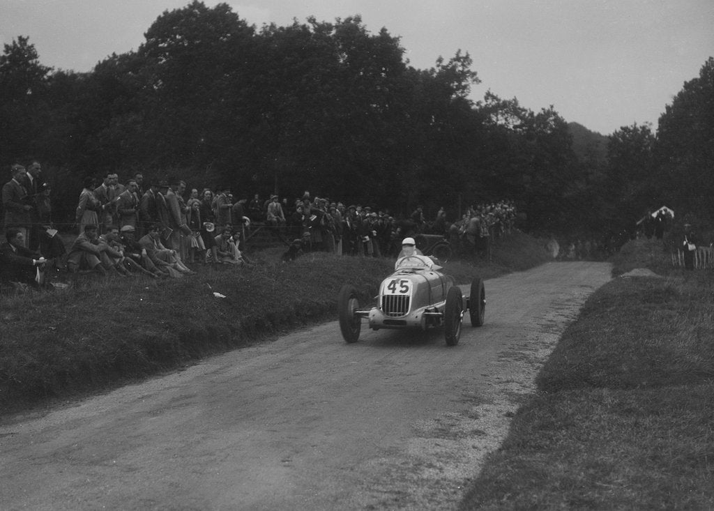Detail of Unidentified open single-seater car competing in the Shelsley Walsh Hillclimb, Worcestershire, 1935 by Bill Brunell