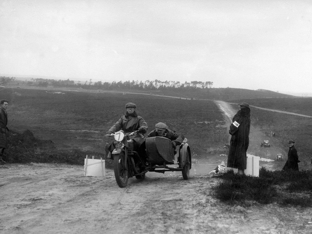 Detail of Motorcycle and sidecar competing in a motoring trial, Bagshot Heath, Surrey, 1930s by Bill Brunell