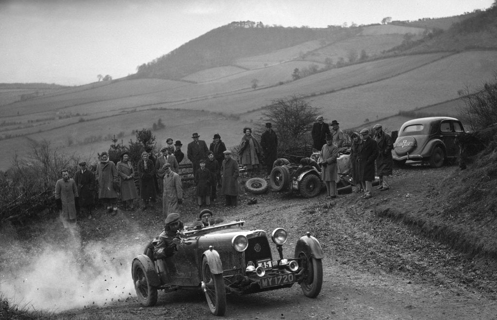 Detail of Aston Martin 2-seater of JD Keightley competing in the MG Car Club Midland Centre Trial, 1938 by Bill Brunell