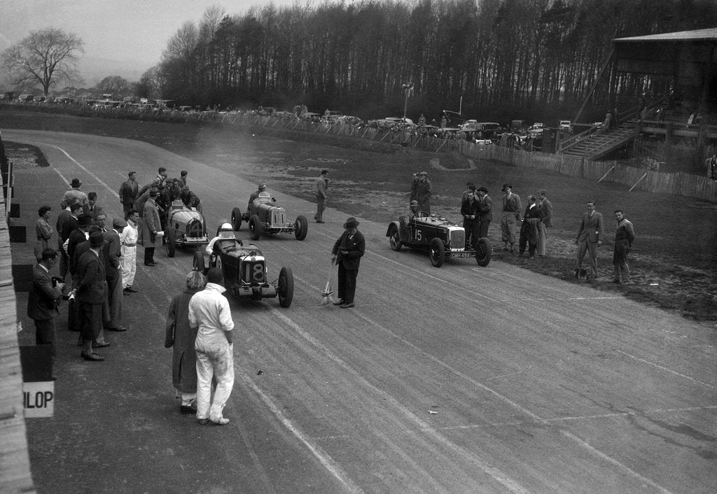 Detail of MG Q type, Frazer-Nash Shelsley and Bugatti Type 51 on the starting grid at Donington Park, 1930s by Bill Brunell