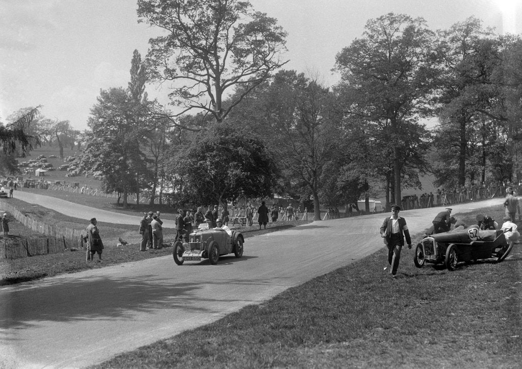 Detail of MG J2 passing the crashed Austin 7 of B Sparrow, Donington Park Race Meeting, Leicestershire, 1933 by Bill Brunell