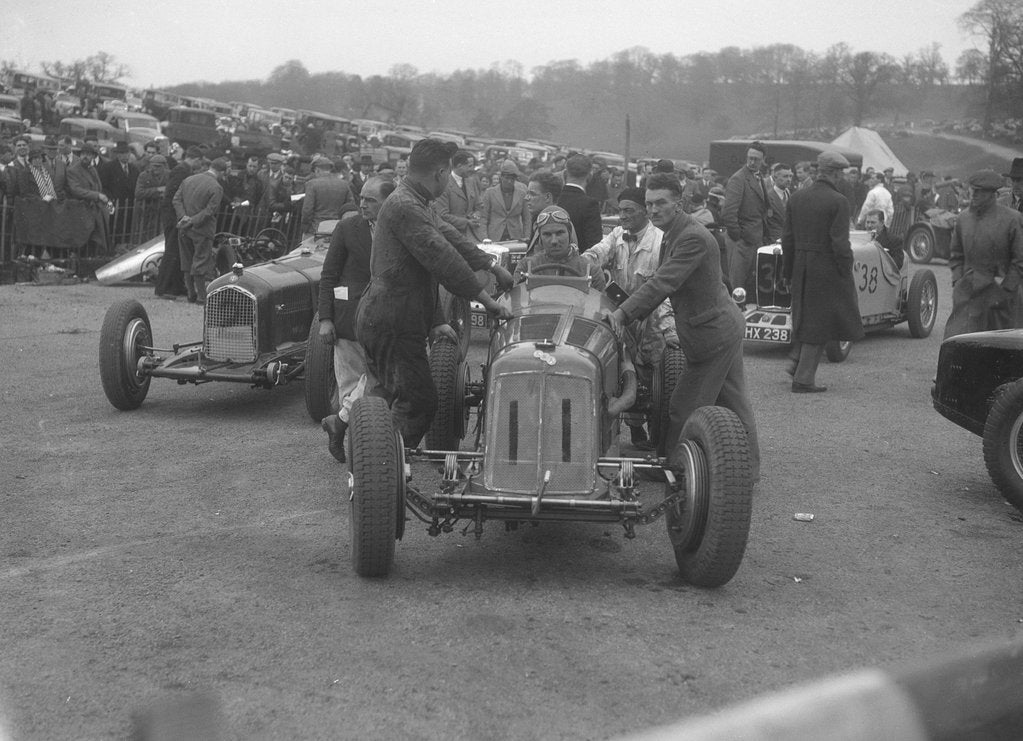 Detail of Dick Seaman's ERA, Dick Shuttleworth's Alfa Romeo and a MG Magnette at Donington Park, 1935 by Bill Brunell