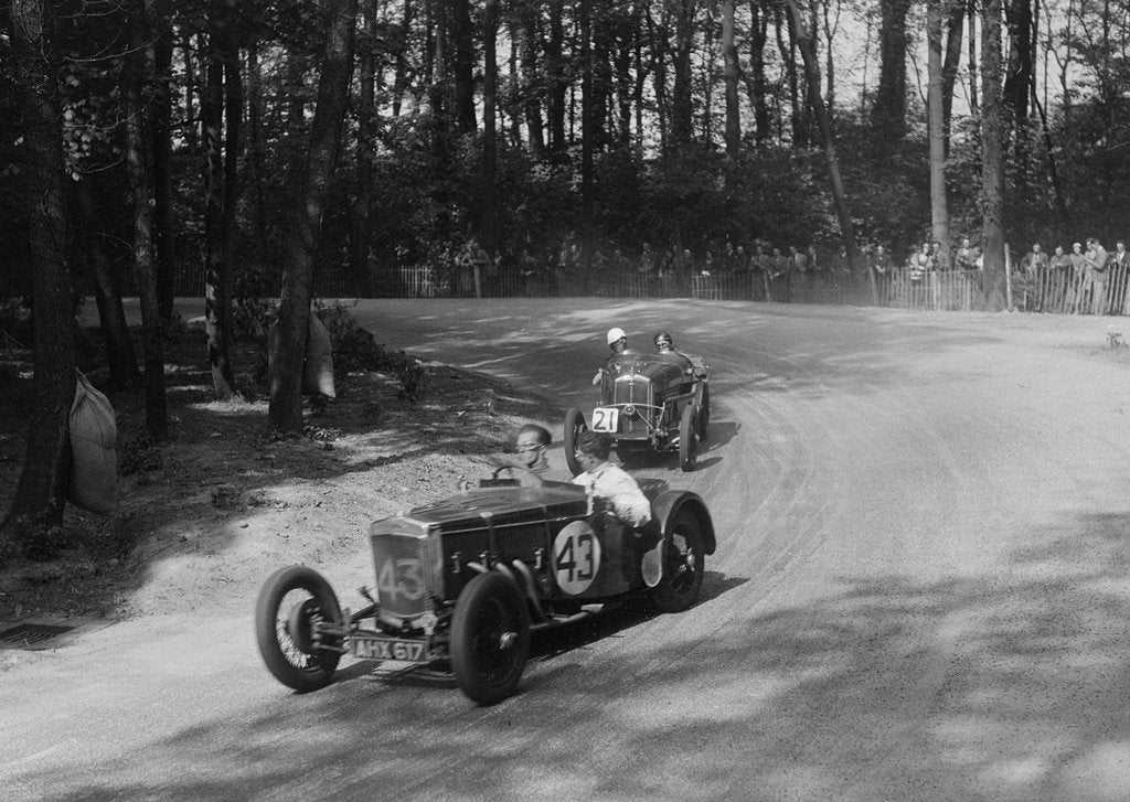 Detail of Frazer-Nash TT replica leading a Wolseley Hornet at Donington Park, Leicestershire, 1930s by Bill Brunell