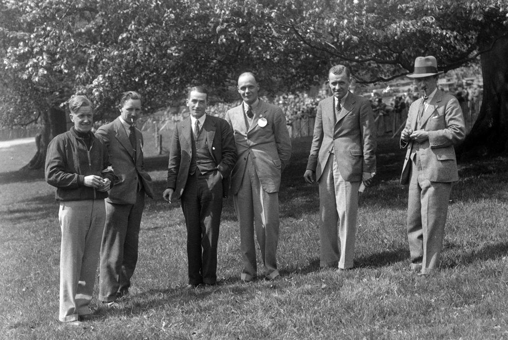 Detail of Group of men at Donington Park motor racing circuit, Leicestershire, c1930s by Bill Brunell