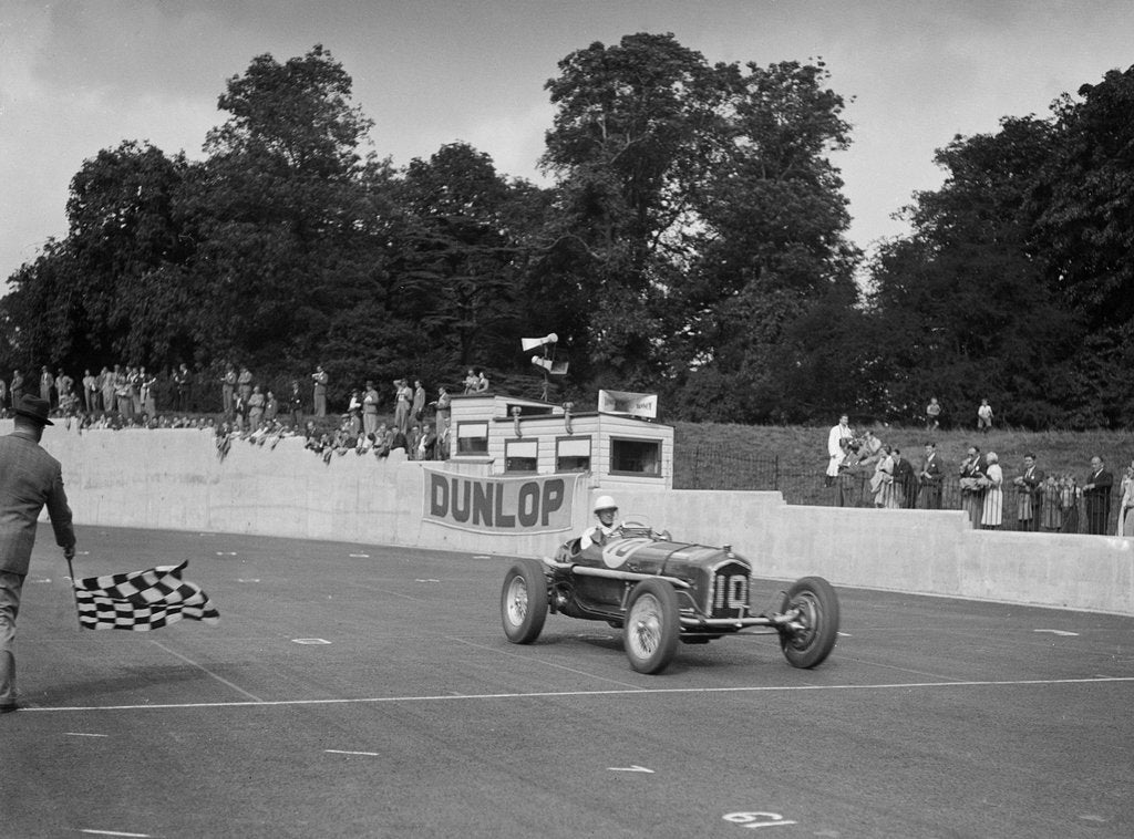 Detail of Alfa Romeo of Kenneth Evans taking the chequered flag at Crystal Palace, 1939 by Bill Brunell