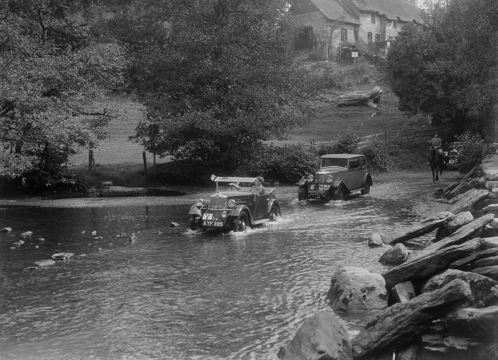 Detail of Morris Minor and officials' Riley Monaco, Mid Surrey AC Trial, Tarr Steps, Exmoor, Somerset, 1934 by Bill Brunell