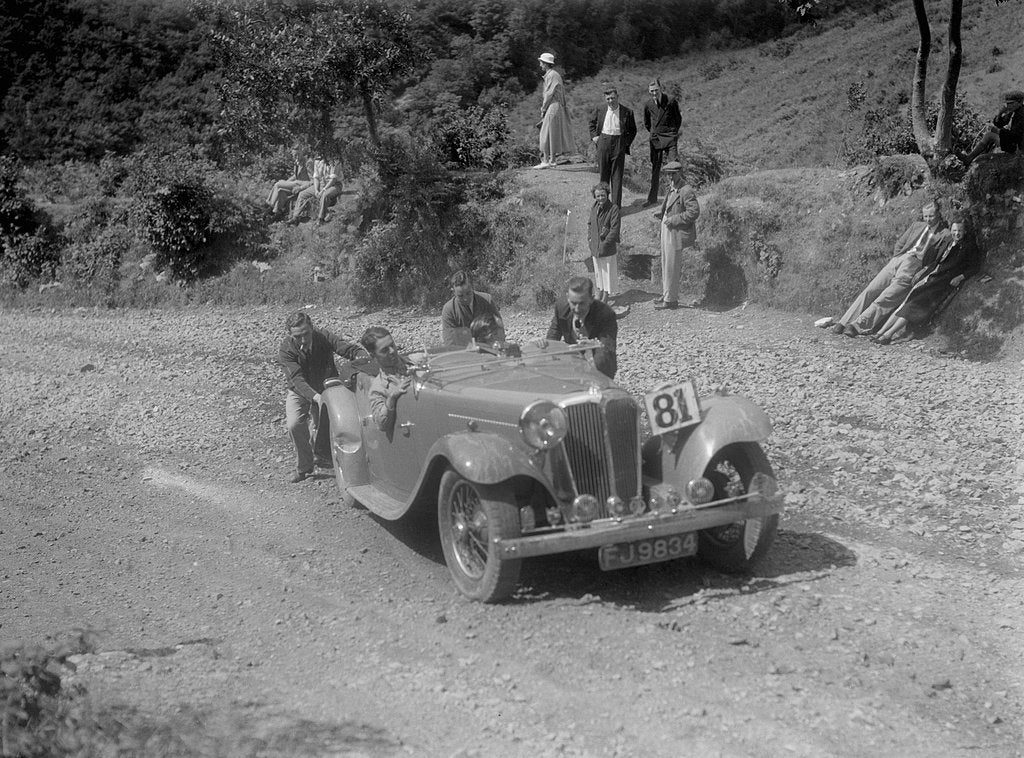Detail of Jaguar SS open 2-seater at the Mid Surrey AC Barnstaple Trial, Beggars Roost, Devon, 1934 by Bill Brunell