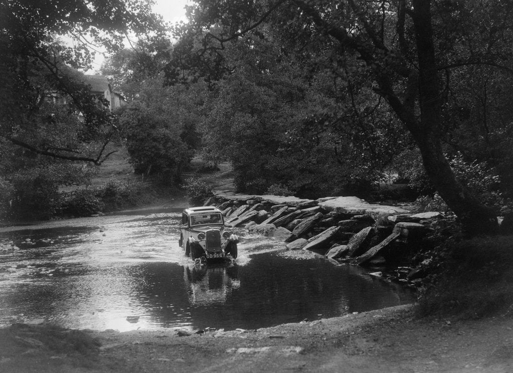 Detail of Singer 9 coupe competing in the Mid Surrey AC Barnstaple Trial, Tarr Steps, Exmoor, 1934 by Bill Brunell