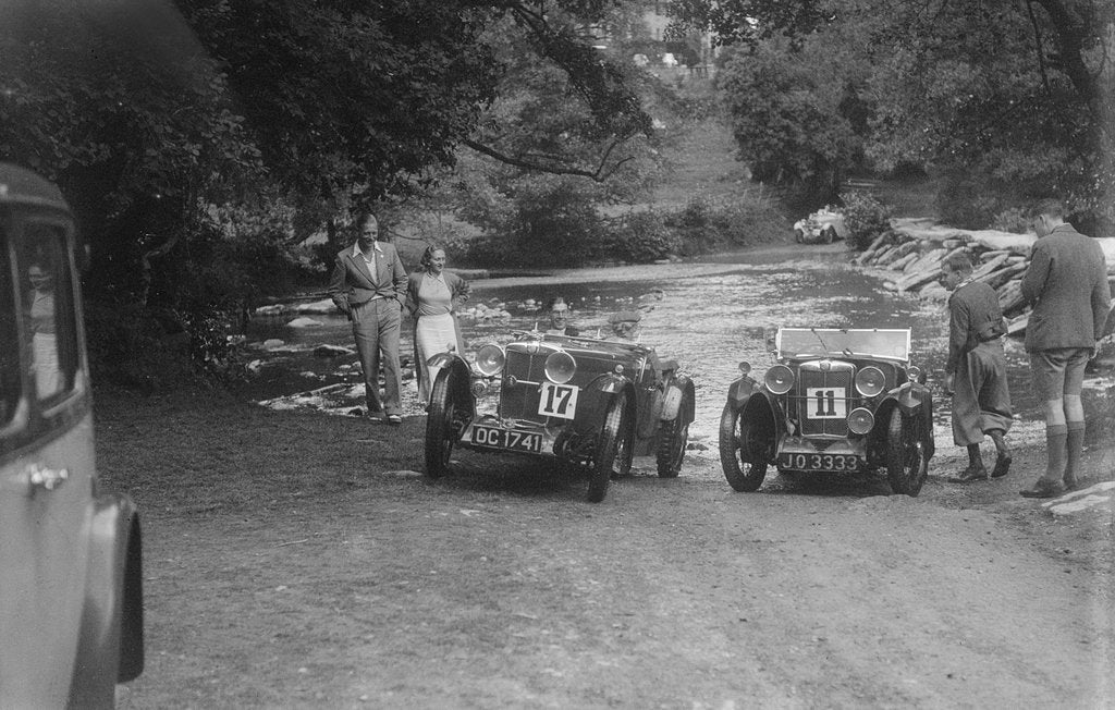Detail of MG J2 and MG D type at the Mid Surrey AC Barnstaple Trial, Tarr Steps, Exmoor, 1934 by Bill Brunell