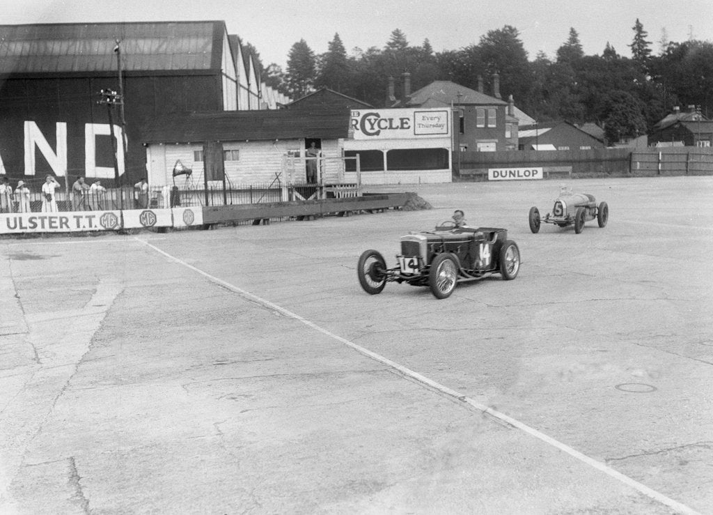 Detail of Frazer-Nash of RT Grogan leading Jack Lemon Burton's Bugatti T37, BARC meeting, Brooklands, 1933 by Bill Brunell