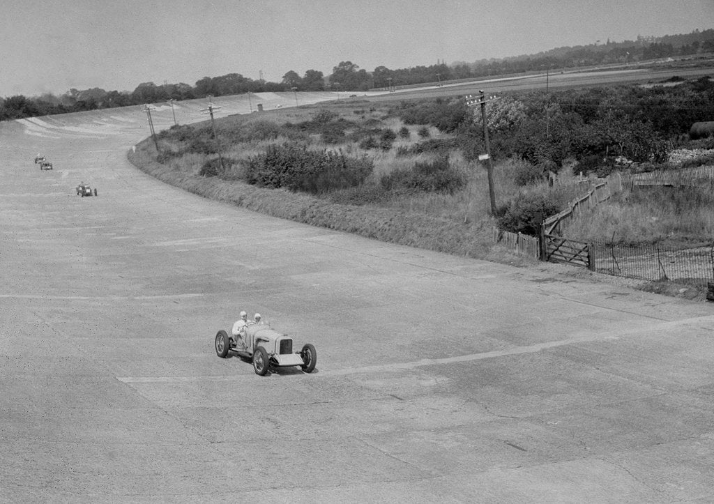 Detail of RJ Munday's Munday Special on Byfleet Banking, BARC meeting, Brooklands, Surrey, 1933 by Bill Brunell