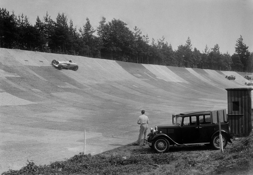 Detail of John Cobb's 24 litre Napier Railton on Byfleet Banking, BARC meeting, Brooklands, Surrey, 1933 by Bill Brunell