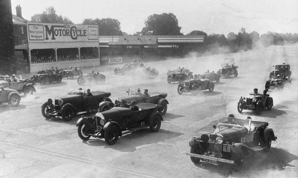 Detail of Talbot 105 tourer, Bentley and Lagonda racing at a MCC meeting, Brooklands, Surrey, 1933 by Bill Brunell