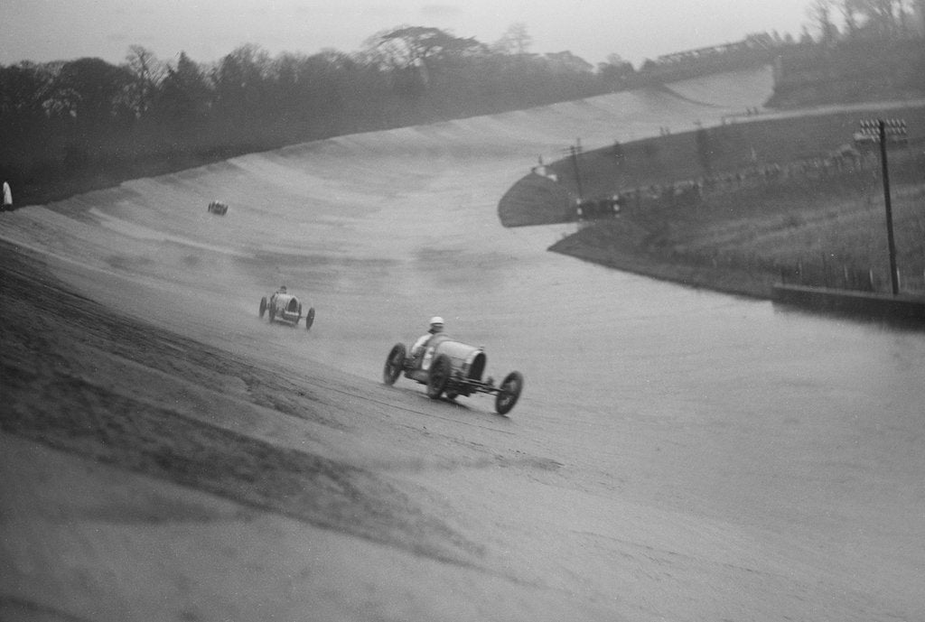 Detail of Two Bugattis racing at a BARC meeting, Brooklands, Surrey, 1931 by Bill Brunell