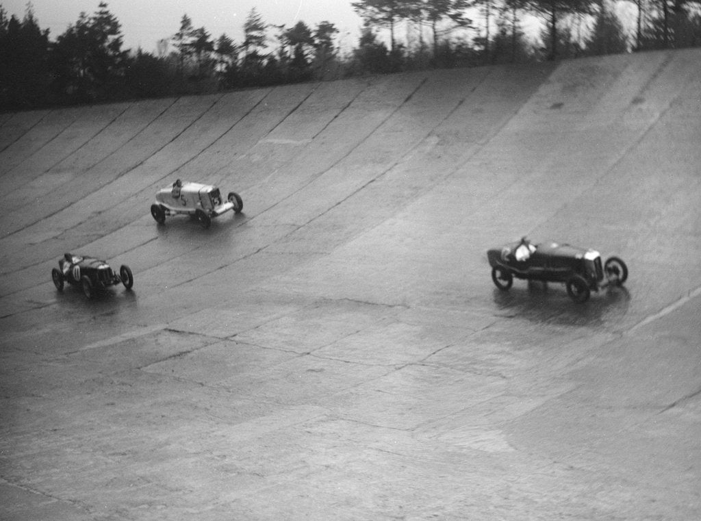 Detail of Salmson, Riley 9 Brooklands and Talbot 90 racing at a BARC meeting, Brooklands, Surrey, 1931 by Bill Brunell