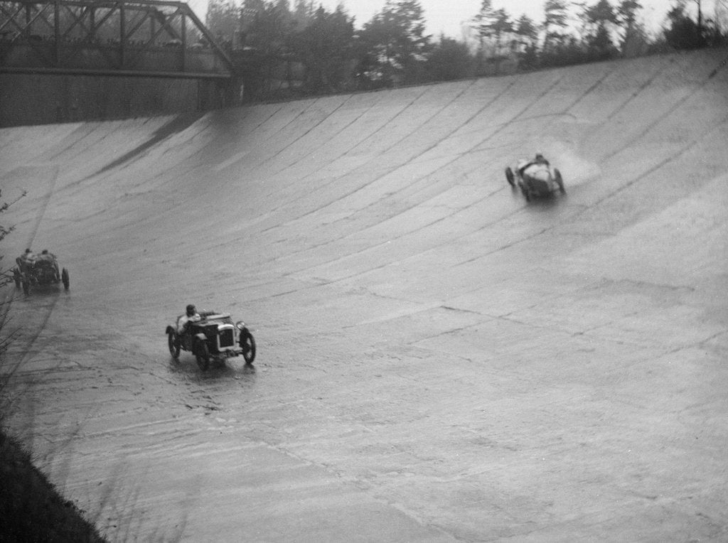 Detail of Austin 7 and the spinning Riley of HL Roberts, BARC Mountain Race, Brooklands, Surrey, 1931 by Bill Brunell