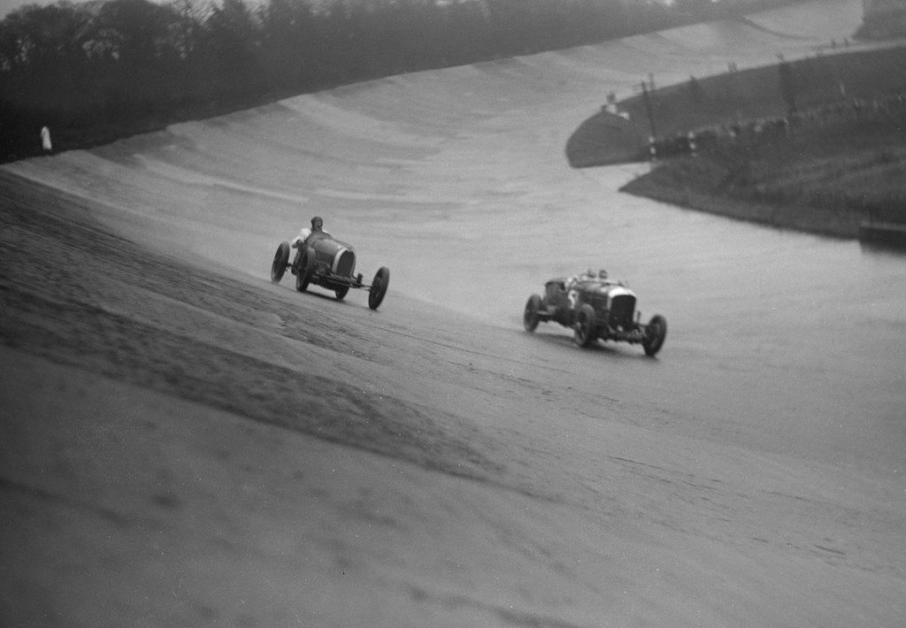Detail of Bugatti and Bentley of Eddie Hall racing at a BARC meeting, Brooklands, Surrey, 1931 by Bill Brunell