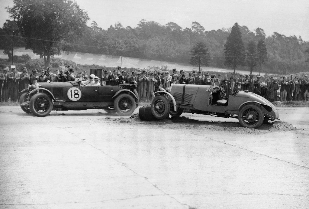 Detail of Lagonda passing R Childe's crashed Lea-Francis, BARC 6-Hour Race, Brooklands, Surrey, 1929, by Bill Brunell