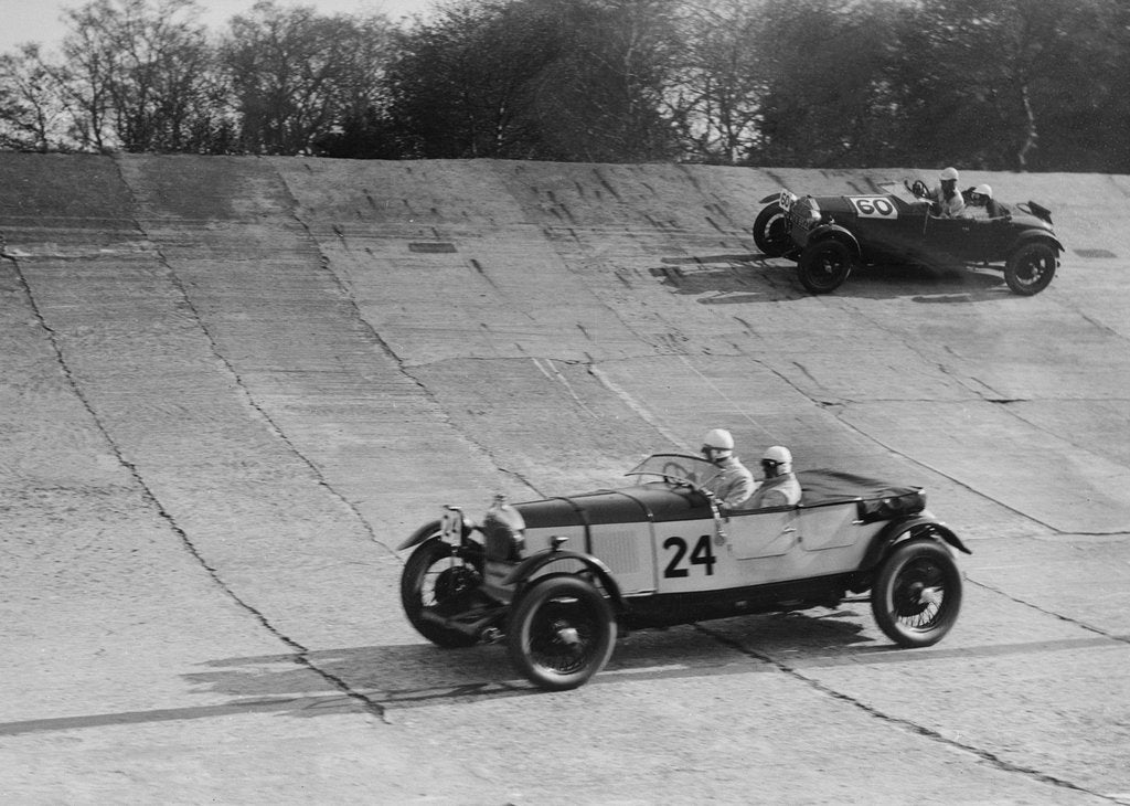 Detail of Lagonda and Alfa Romeo on the banking at the JCC Double Twelve Race, Brooklands, Surrey, 1929 by Bill Brunell