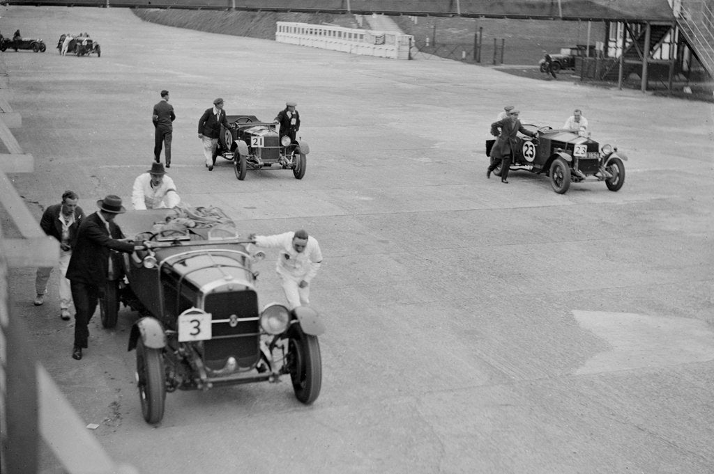 Detail of Studebaker and two OMs at the JCC Double Twelve Race, Brooklands, Surrey, 1929 by Bill Brunell