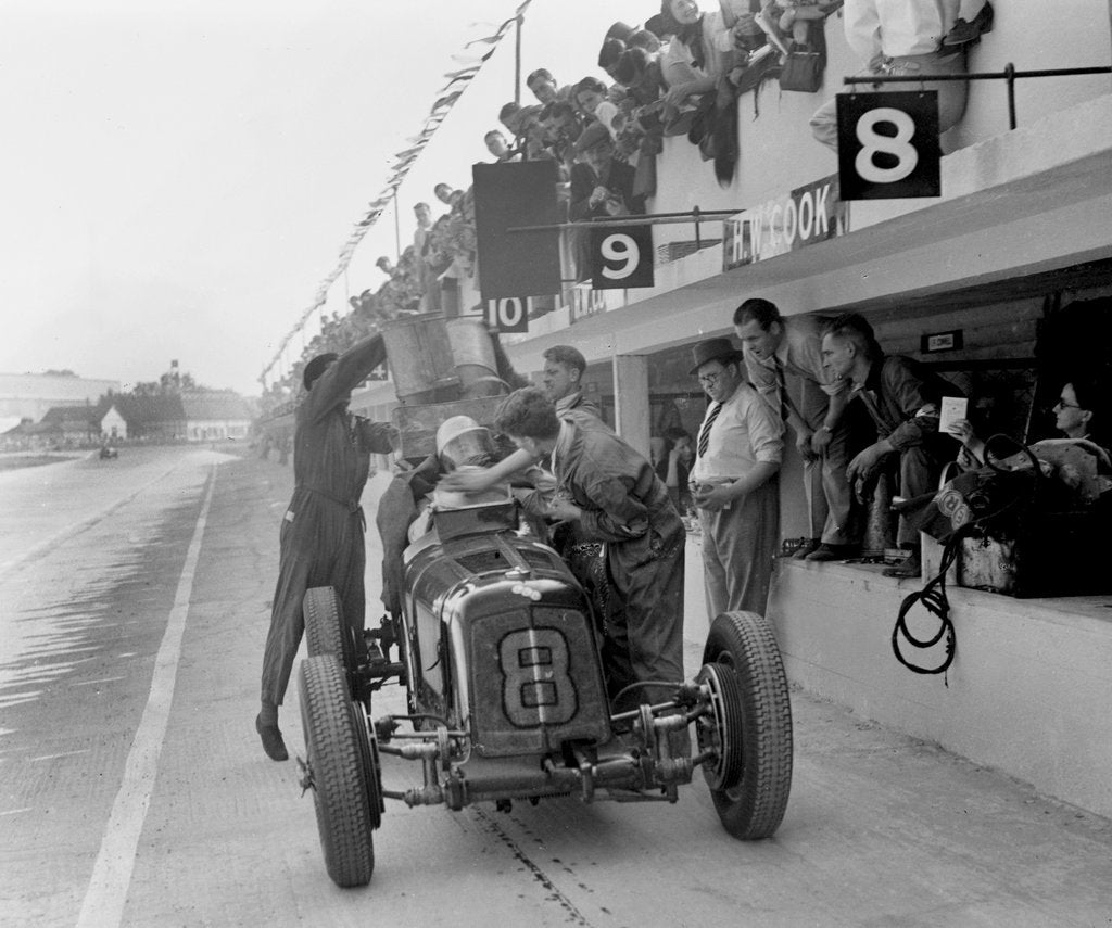 Detail of ERA R4C of Raymond Mays refuelling in the pits, JCC International Trophy, Brooklands, Surrey, 1937 by Bill Brunell