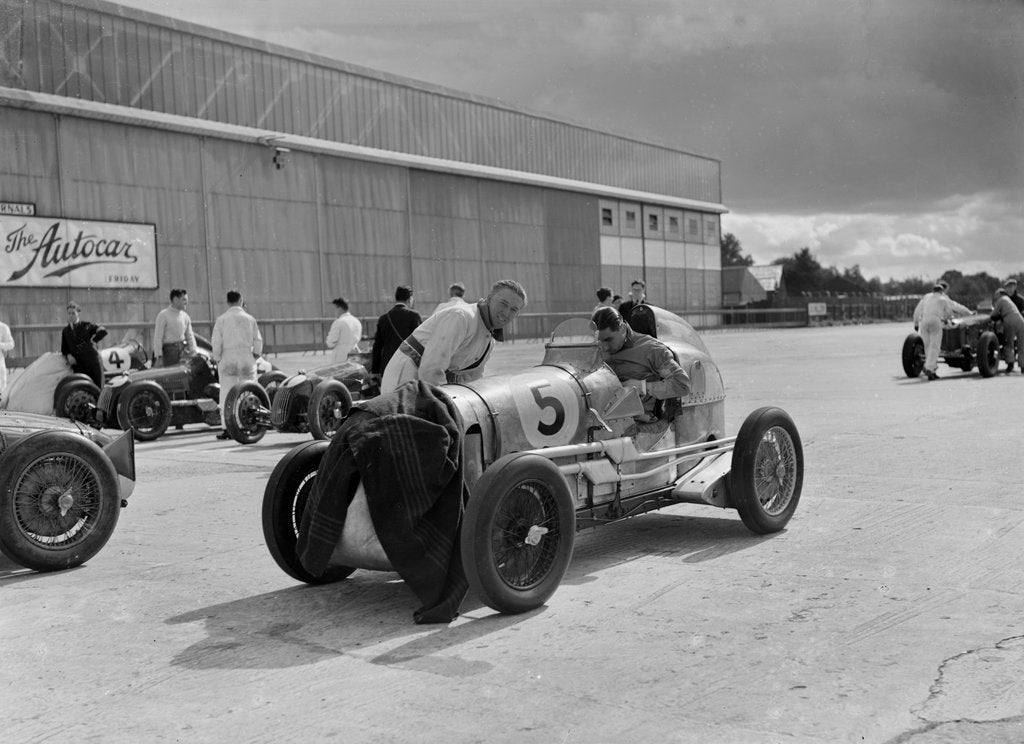 Detail of Cars of George Harvey-Noble, Charles Goodacre and Bert Hadley, BRDC 500 Mile Race, Brooklands, 1937 by Bill Brunell