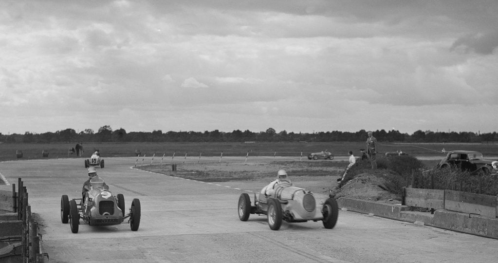 Detail of Two MGs racing at Brooklands, Surrey, c1930s by Bill Brunell