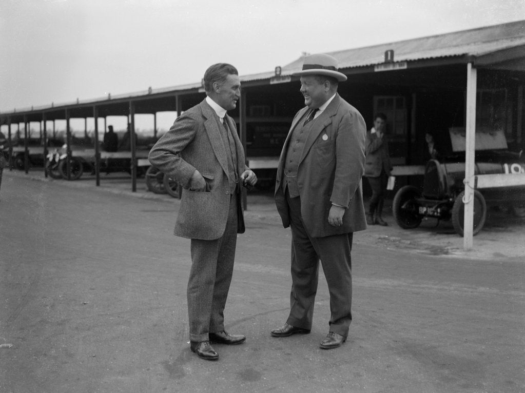 Detail of Two men chatting at Brooklands motor racing circuit, Surrey, 1920s by Bill Brunell