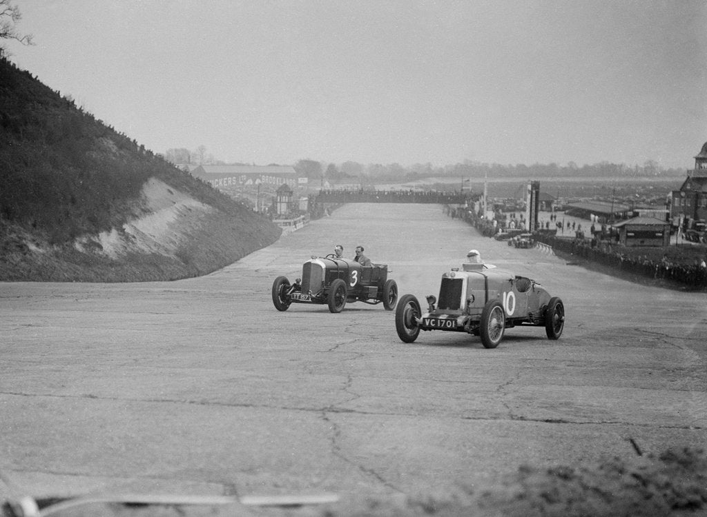 Detail of Bentley of Major H Butler and Lea-Francis Hyper racing at a BARC meeting, Brooklands, 1930 by Bill Brunell