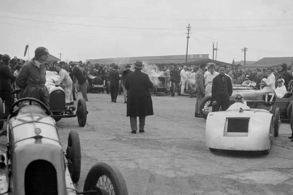 Detail of Marendaz Special of AC Hess and Bugatti Type 35 of O Bertram at a BARC meeting, Brooklands, 1930 by Bill Brunell