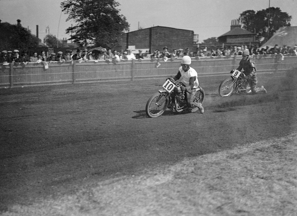 Detail of Speedway race at Lea Bridge Stadium, Leyton, London, 1928. by Bill Brunell