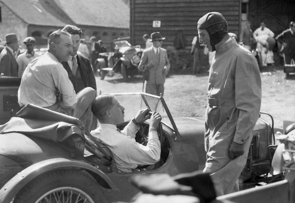 Detail of Earl Howe beside a Riley 9 Brooklands at the MAC Shelsley Walsh Hillclimb, Worcestershire, c1930s by Bill Brunell