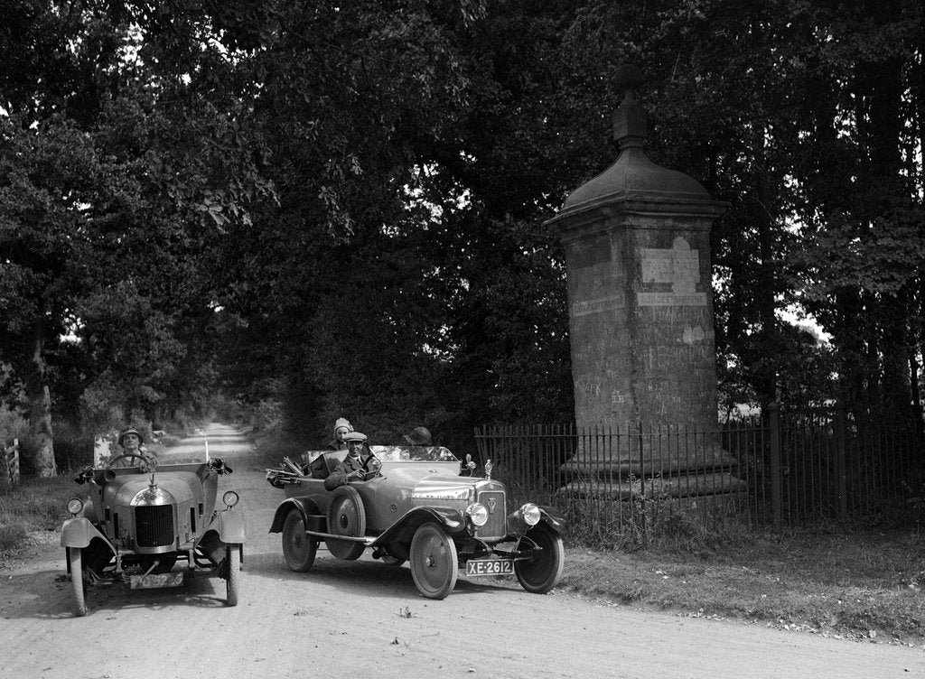 Detail of Calthorpe and Morris passing the Four Shire Stone, near Broadway, Worcestershire, c1920s by Bill Brunell