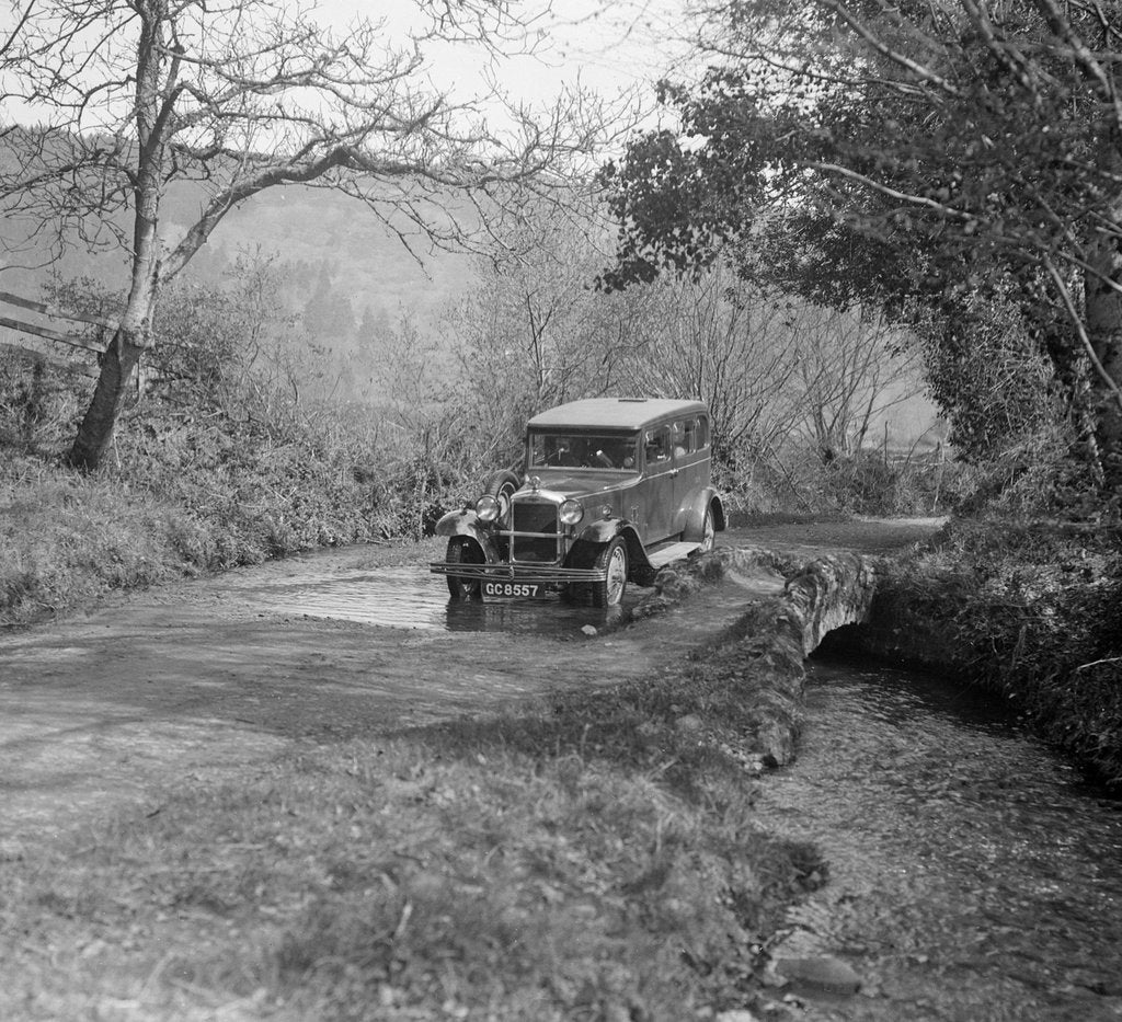 Detail of Singer Super Six driving through a ford at Croydon Hill, near Timberscombe, Somerset, 1930s by Bill Brunell