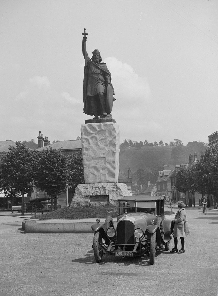 Detail of Bentley EXP3  in front of the statue of King Alfred, High Street, Winchester, Hampshire, c1920s by Bill Brunell